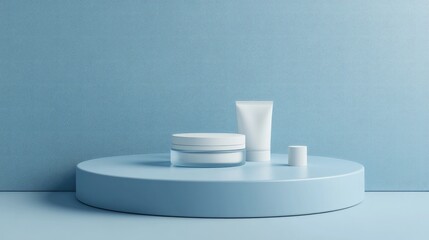 3D render of a podium backdrop in blue hues designed for showcasing cream products in cosmetics