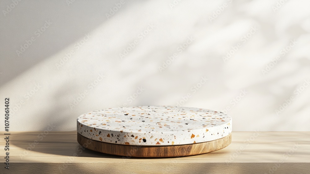 Poster 3D terrazzo display podium on a wooden table with a white background 3D rendering of a product showcase 3D illustration