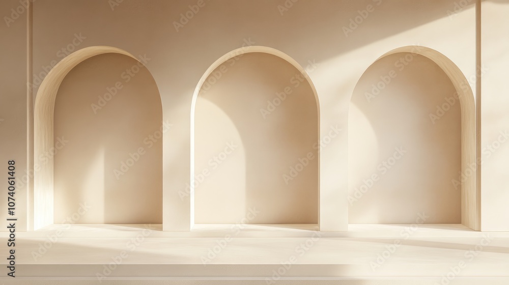Aufkleber Simple geometric symmetrical elements in a product display background with a beige pastel color and a recessed wall in 3D rendering