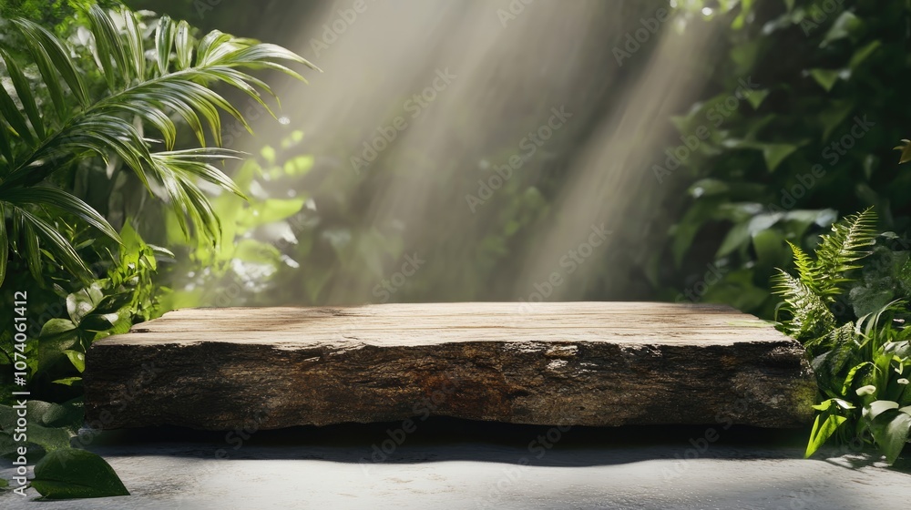 Poster Tree trunk wood plank set against a natural backdrop for 3D product placement rendering