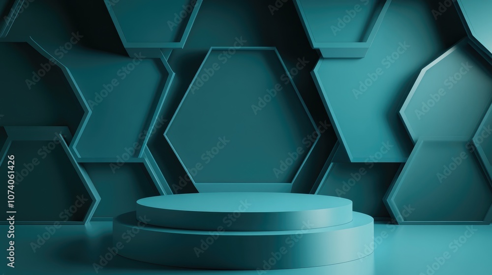 Poster 3d minimal studio background featuring a blue green hexagon podium abstract geometric shape illustra