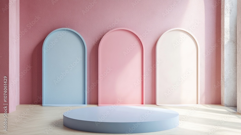 Poster minimalist abstract geometric shapes in pastel colors designed for product display or cosmetic prese