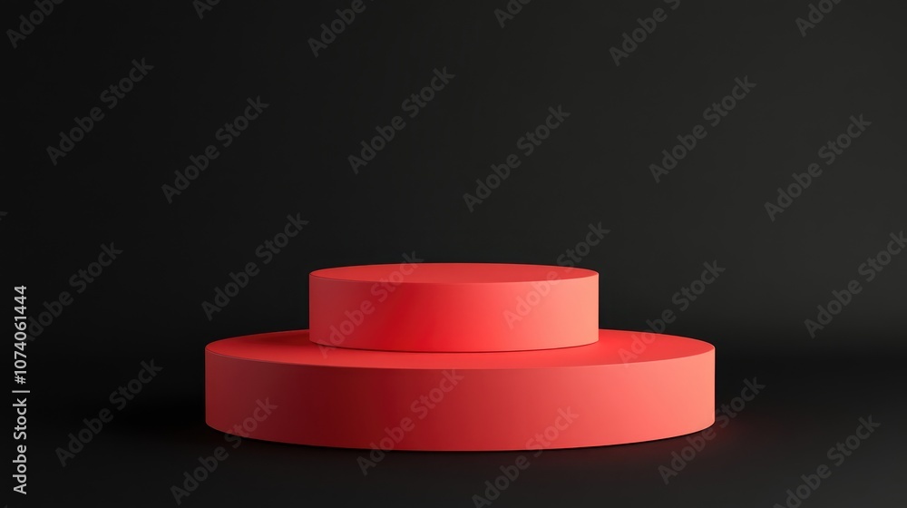 Poster pastel red cylindrical podium with steps set against a black background 3d render of an abstract geo