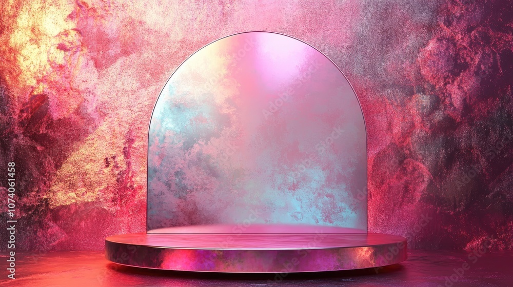Poster stylish fashion podium backdrop for showcasing products featuring an abstract iridescent gemstone 3d