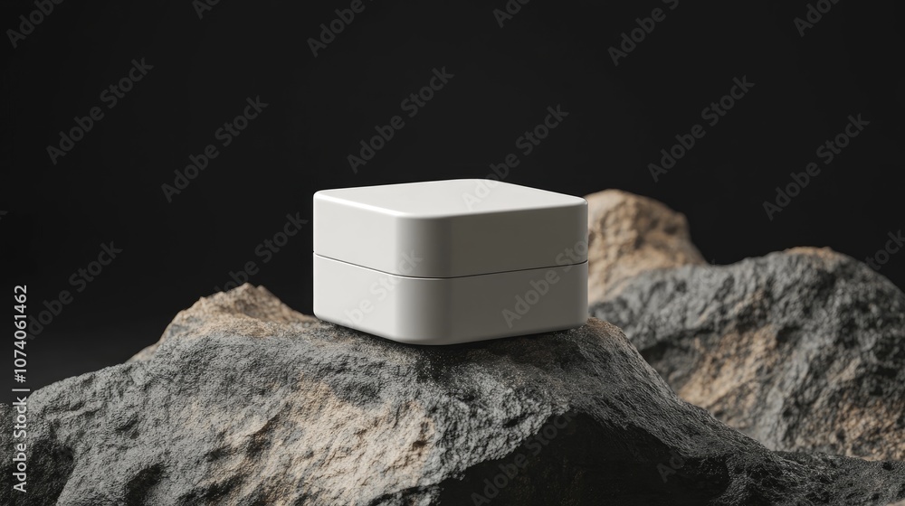 Poster Square cosmetic container on a rock surface with a black background 3D rendering