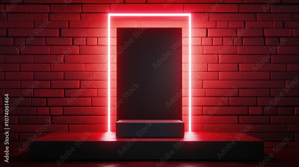 Poster Digital product backdrop featuring a red and white rectangular frame with a black podium reflecting against a dark red brick background 3D illustration
