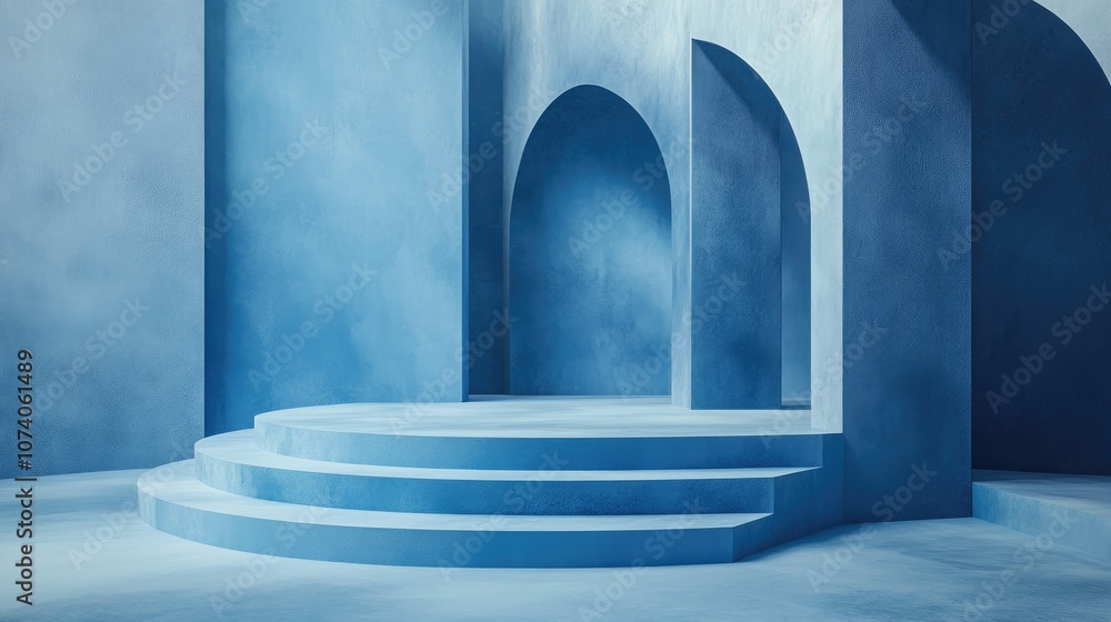 Poster Podium designed for product presentation Abstract stage featuring blue tones for showcasing products 3D rendering
