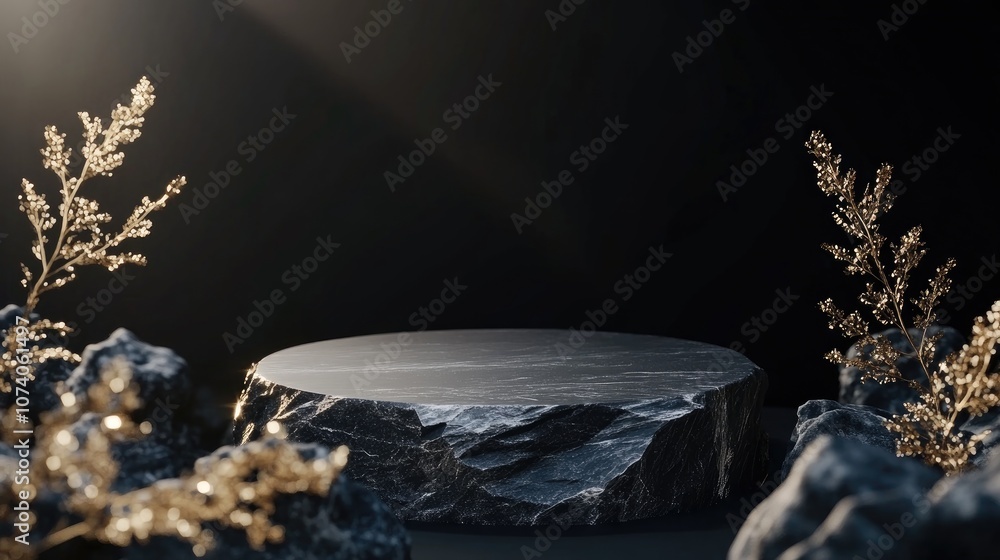 Fototapete 3d black stone podium for product display and packaging presentation mock up scene background for co