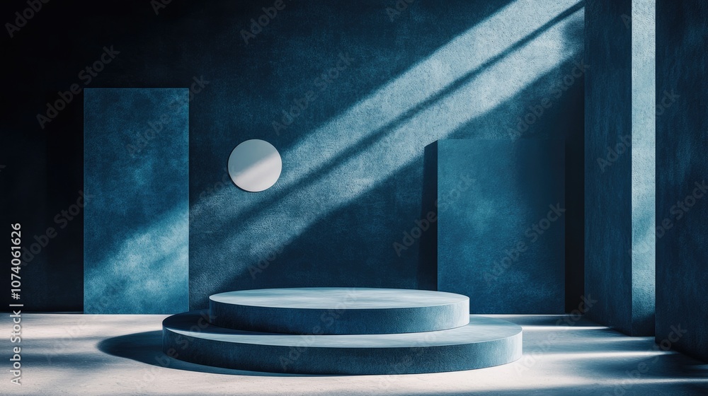 Poster empty podium with geometric shapes in blue designed for modern stage presentations and minimalist mo