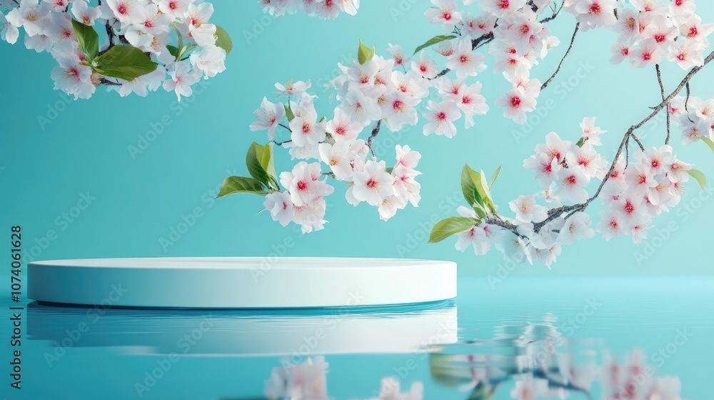 Poster white display podium with water reflection and blooming flowers on a blue background 3d rendering
