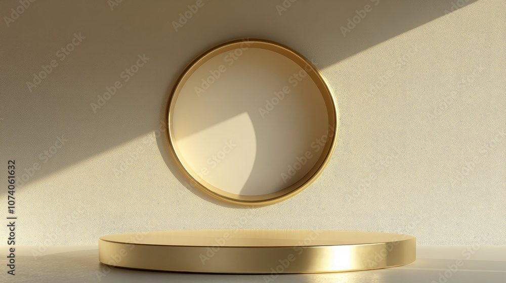 Poster 3d illustration featuring an abstract empty podium on a gold base within a minimalist circular studi