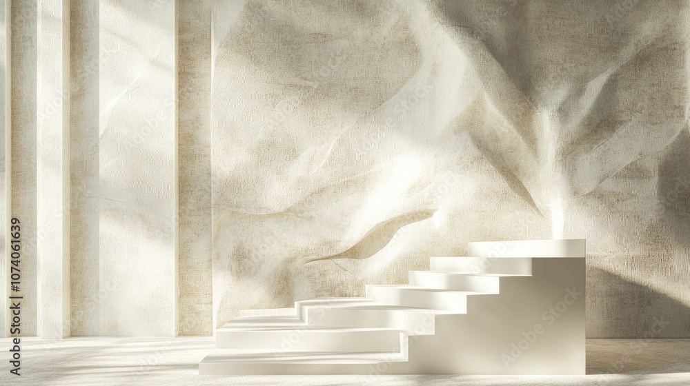 Aufkleber 3D rendering of an abstract room featuring a paper texture background and a pedestal composed of white cube steps