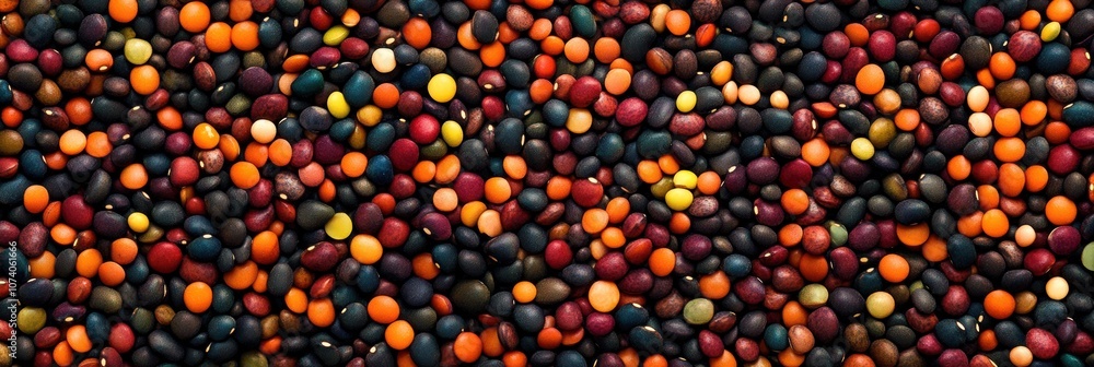 Aufkleber an intricate arrangement features a multitude of colorful beans, lentils, and seeds scattered on a f