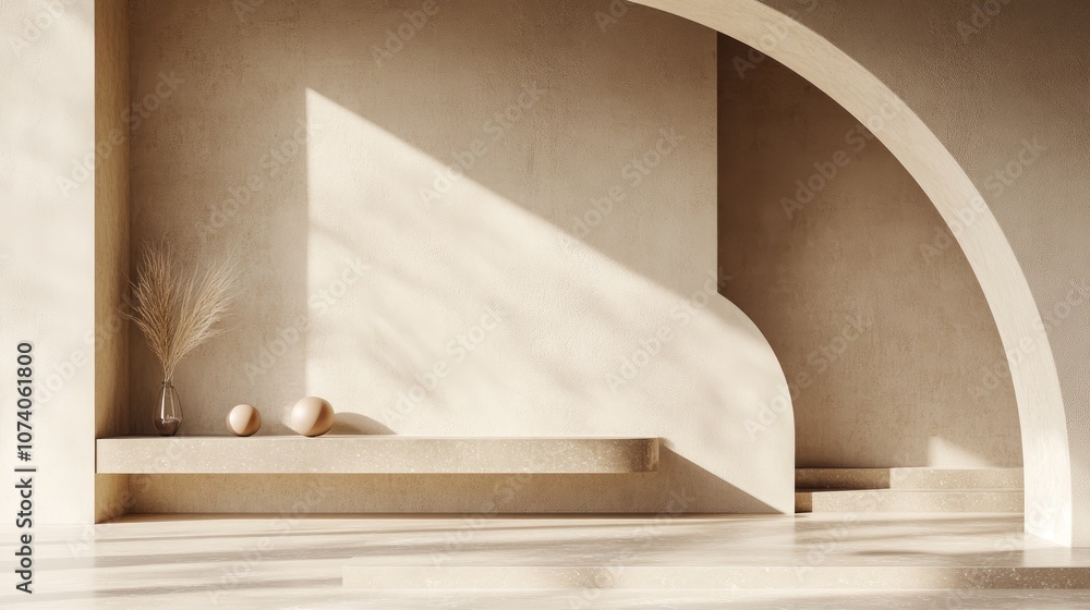 Poster Simple geometric symmetrical elements in a product display background with a beige pastel color and a recessed wall in 3D rendering