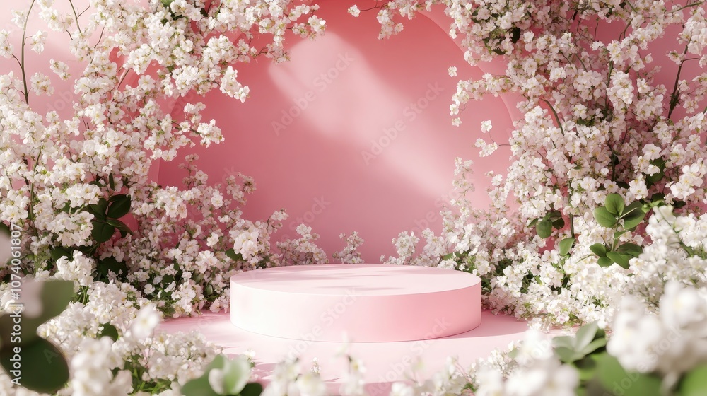 Poster abstract 3d render of a spring scene featuring a pink podium amidst white flowers set against a vibr