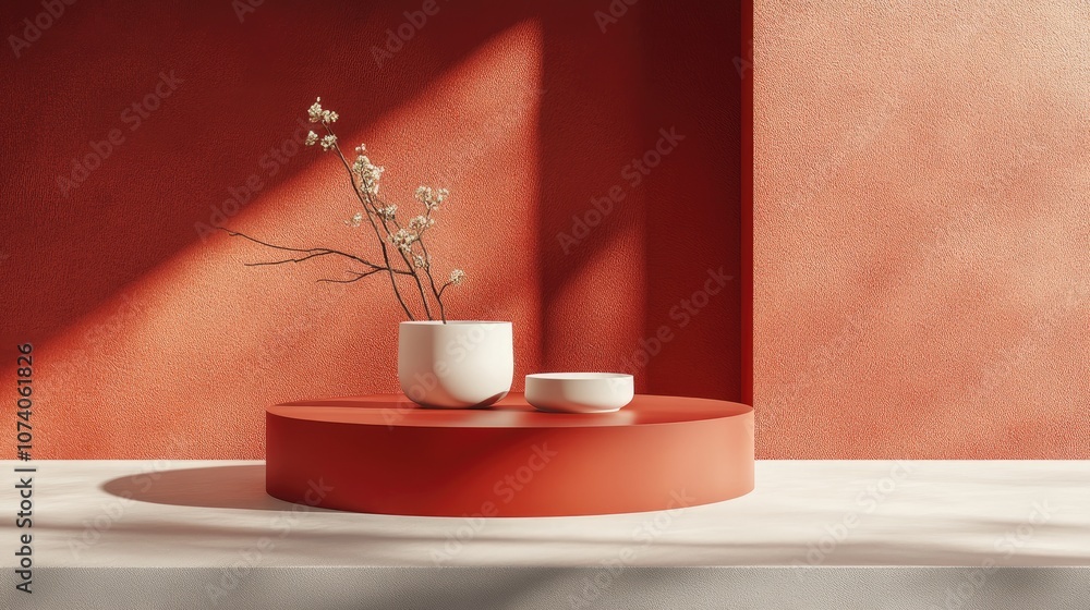 Poster 3d rendering of a minimalist backdrop for cream cosmetics featuring a contemporary red podium