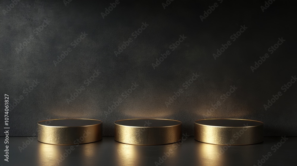 Poster Abstract concept featuring three circular pedestals in a minimalist setting with dark tones designed to showcase products on a golden podium 3D render