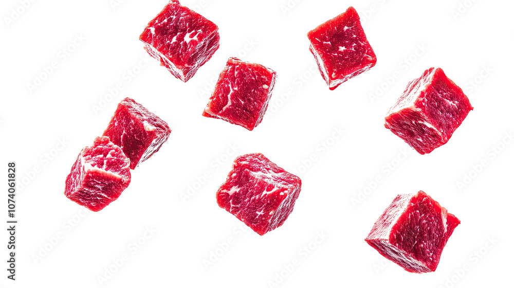 Poster dynamic beef cubes on a transparent background generative ai