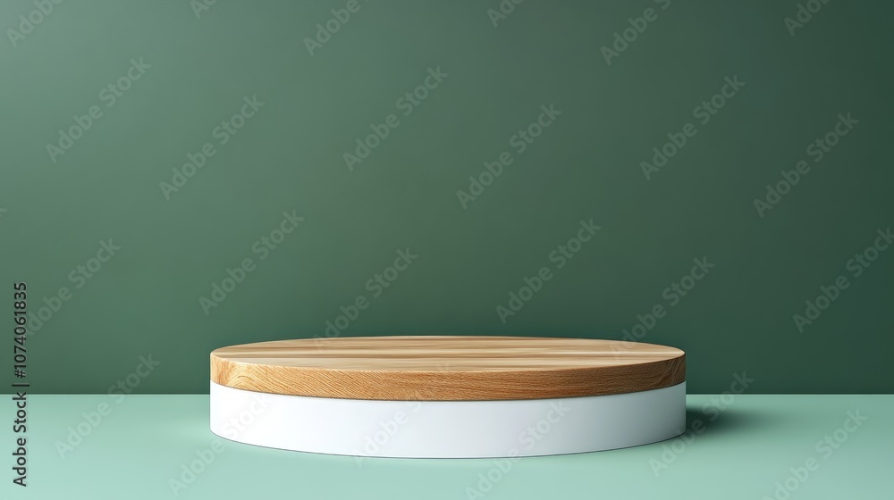 Poster 3d rendered image of a white and wooden podium set against a green backdrop for product display adve