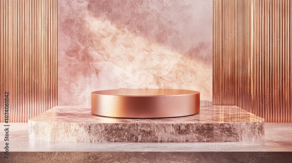 Poster Rose gold and pink cylindrical pedestal 3D rendering of a platform with a minimalistic stage and abstract geometric background
