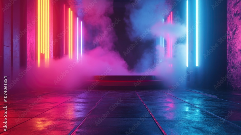 Poster smoke fog in a sci fi virtual setting featuring vibrant neon colors an empty podium and reflective e