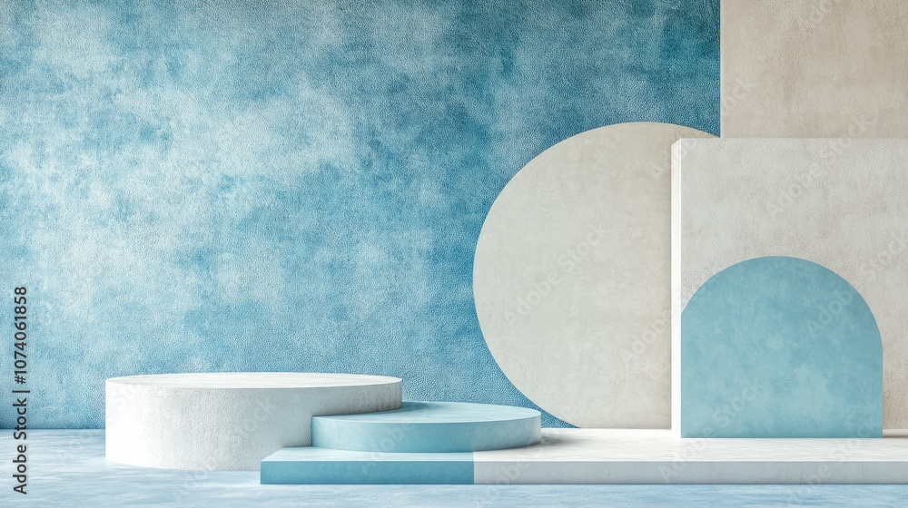 Poster Abstract geometric blue and white pastel color shapes in a minimal modern style featuring a wall background and a mock up composition for a booth podium stage display table in 3D rendering