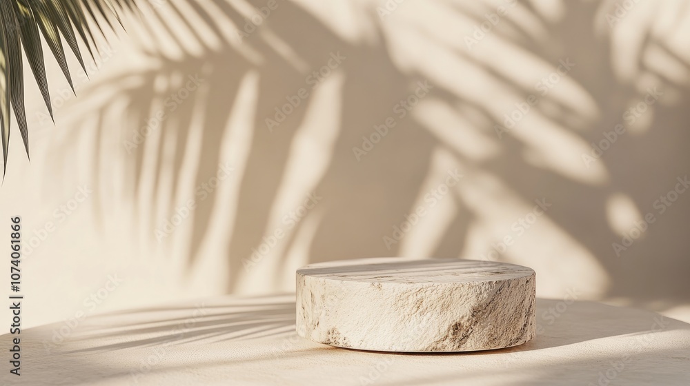 Aufkleber 3d background featuring a stone pedestal on a natural palm leaf shadow against a soft beige backdrop