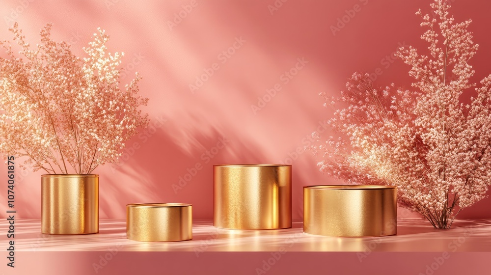 Poster gold colored product display against a pink background 3d rendering