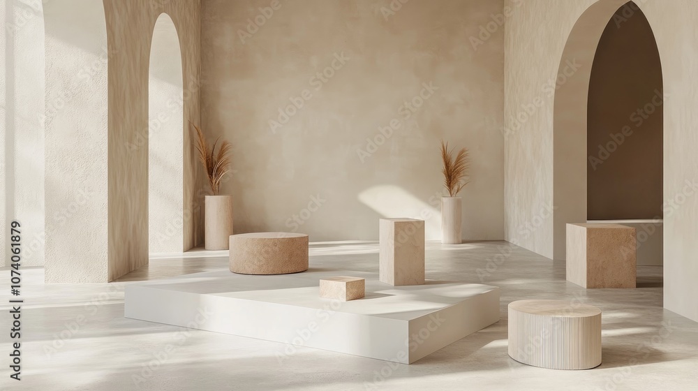 Aufkleber 3D rendering of a studio featuring geometric shapes and pedestals on the floor serving as a platform for abstract product presentation in a minimalistic design