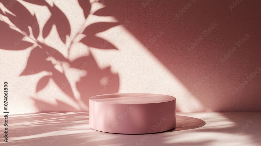 Aufkleber Empty pink cylinder podium mockup Abstract minimalistic design scene featuring leaf shadows Realistic 3D rendered background