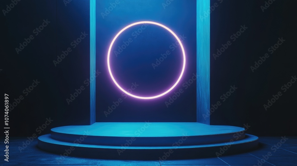 Poster Blue realistic 3D cylinder podium featuring a glowing neon circular design Abstract 3D rendering of geometric shapes in a minimal setting for product presentation