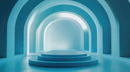 Abstract blue geometric background featuring a podium in a contemporary style 3D rendering