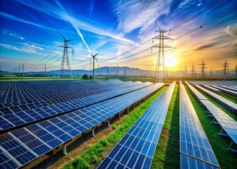 Captivating Long Exposure of a Solar Power Plant Under a Clear Blue Sky with Power Lines, Showcasing Renewable Energy and Modern Technology in Harmony with Nature
