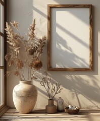 Vertical Wooden Frame Mockup on Beige Wall with Blank Canvas for Text or Images