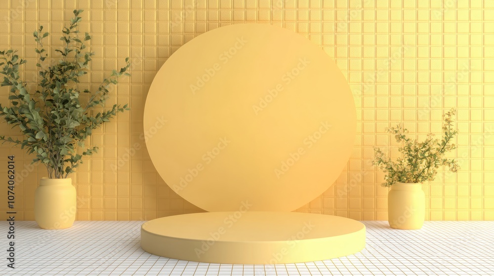 Poster Yellow circular podium with a circular base set against a backdrop Ideal for product showcasing or presentation 3D rendering