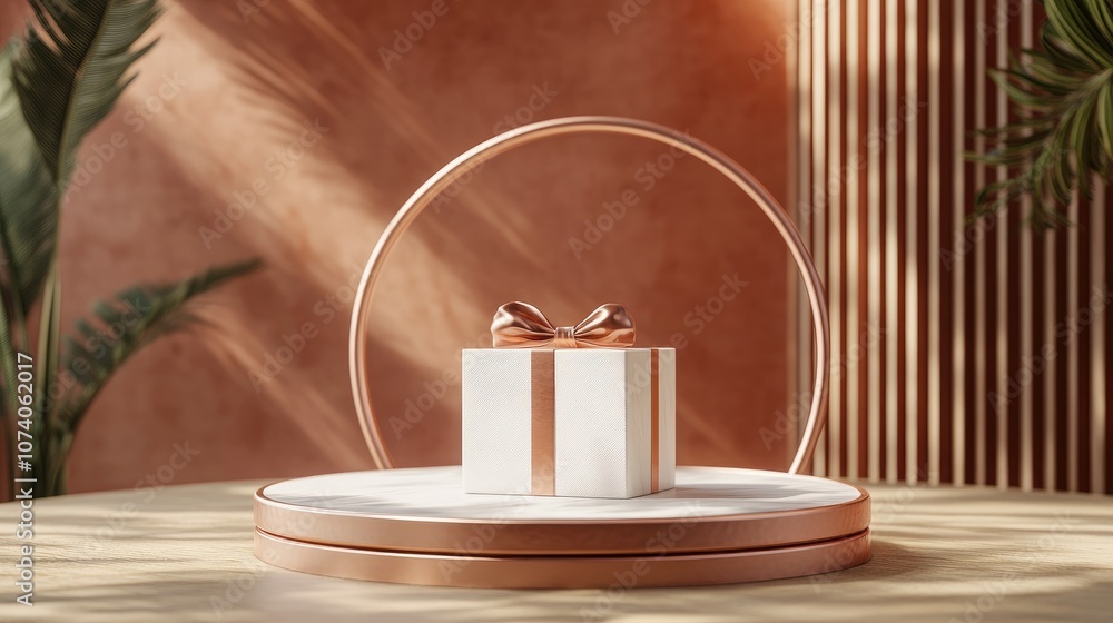 Poster 3d rendering of an elegant circular podium with a gift box backdrop for displaying beauty cosmetic p