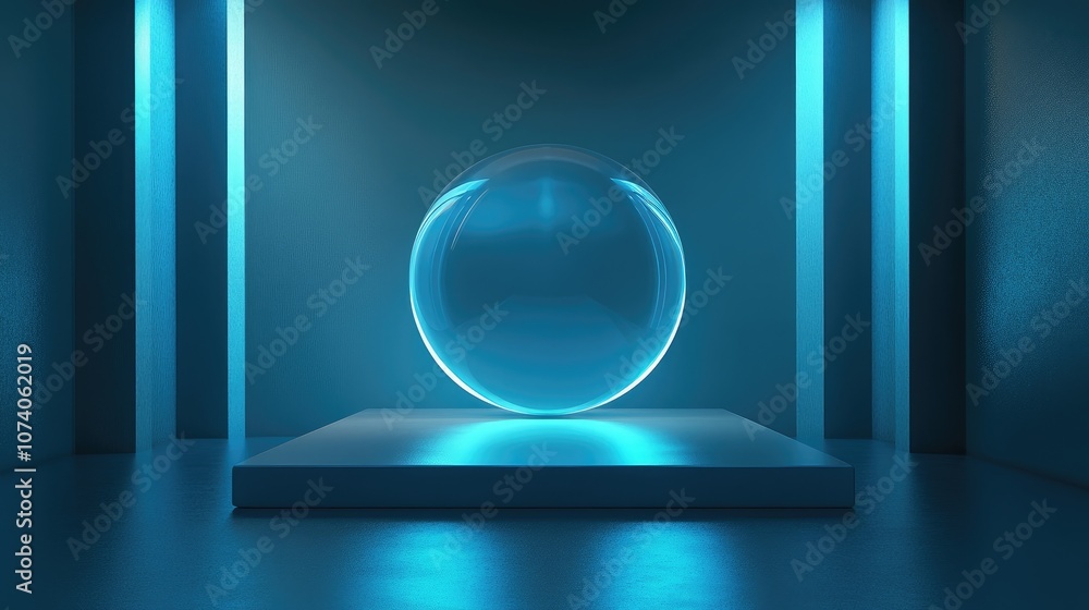 Poster blue light sphere podium for visual product presentation in a stylish space realistic 3d rendering