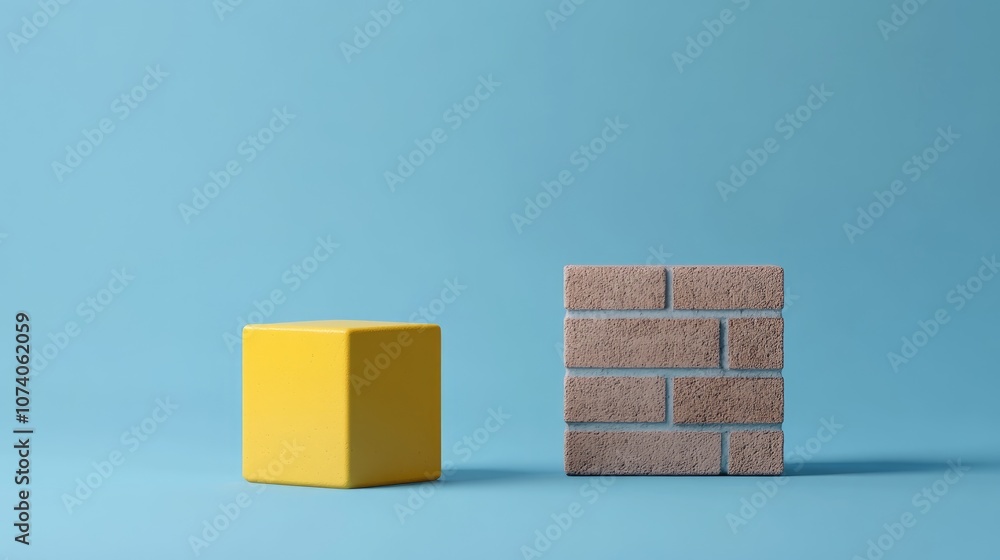 Poster Minimalistic composition featuring a brick block and a yellow steel block against a blue backdrop Geometric form highlighting 3D rendering ideal for product presentation