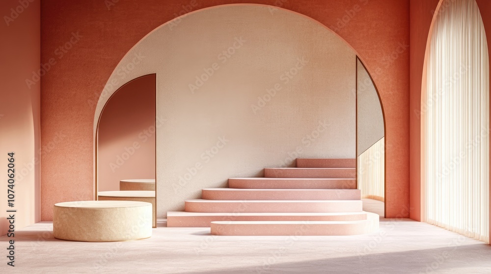 Poster studio featuring geometric shapes and an arched staircase with steps podium and showcase set against