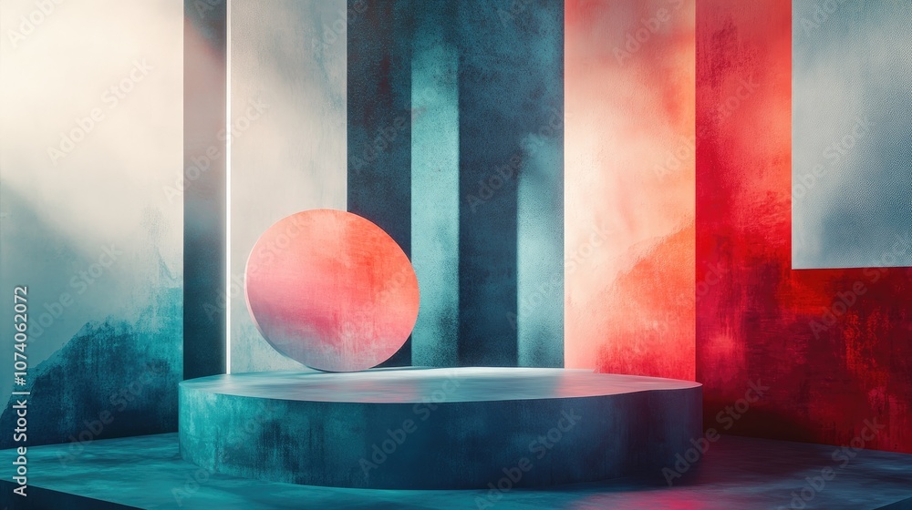 Aufkleber minimalist composition featuring a podium against an abstract backdrop geometric shapes in blue and 