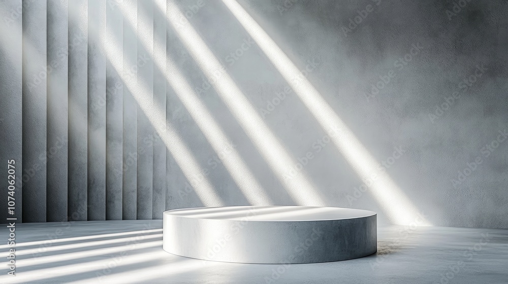 Poster Minimalist studio background featuring a 3D gray and white cylindrical podium Abstract depiction of a geometric shape object