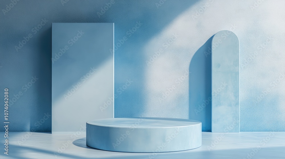 Poster blue podium pedestal on an empty display featuring a blue pastel backdrop 3d rendering