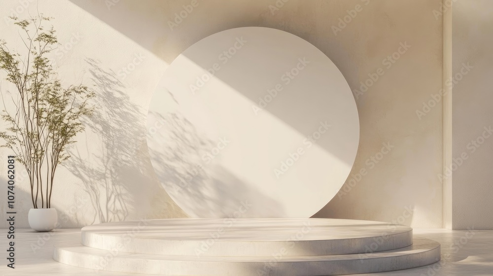Aufkleber Abstract white geometric shape background with a minimalist podium mock up scene 3D rendering