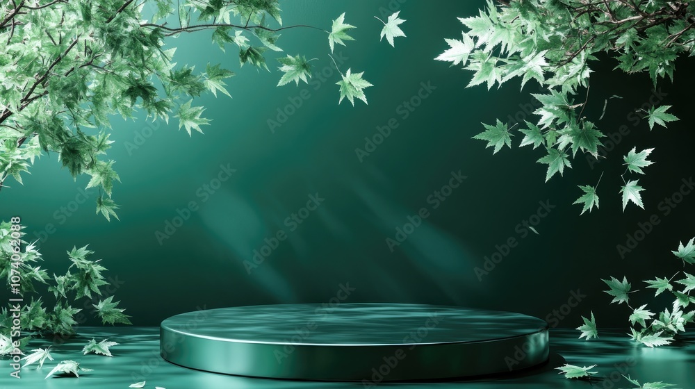 Aufkleber green metallic podium stage background featuring maple leaves ideal for spring season presentation 3