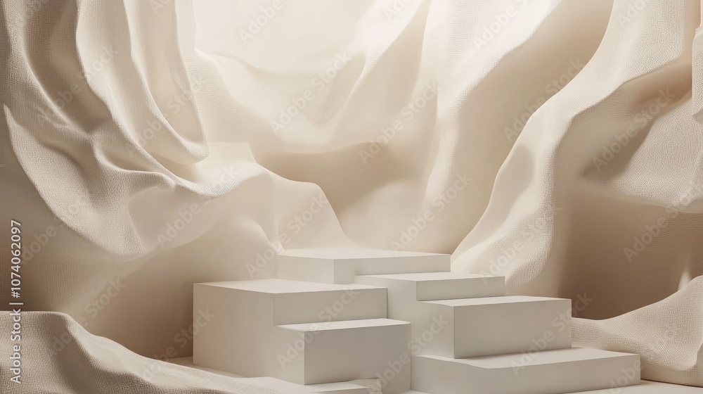 Aufkleber 3D rendering of an abstract room featuring a paper texture background and a pedestal composed of white cube steps