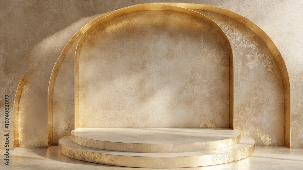 Poster 3d rendering of an abstract beige backdrop featuring a golden podium