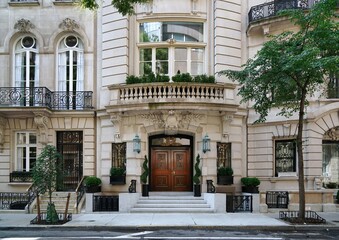 Elegant old New York townhouses in French Beaux Arts style