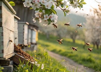 Captivating Long Exposure of Bees Buzzing into a Honeycomb in Spring, Showcasing Nature's Intricate Dance and the Beauty of Pollination in a Vibrant Floral Setting