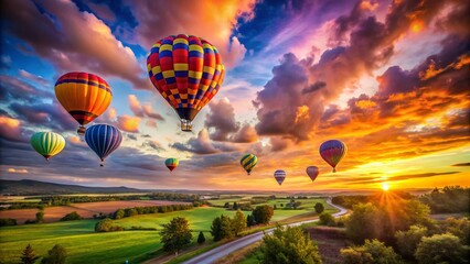 Captivating Long Exposure of Colorful Hot Air Balloons Gliding Through the Twilight Sky, Creating a Dreamy Atmosphere with Soft Light Trails and Vibrant Hues