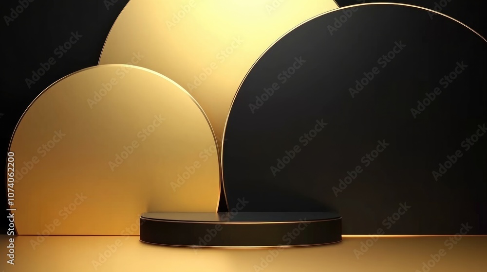 Poster 3d abstract shape and geometry in black and gold color stage mockup background
